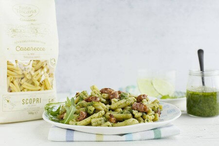 Casarecce with rocket salad pesto and Tuscan sausage