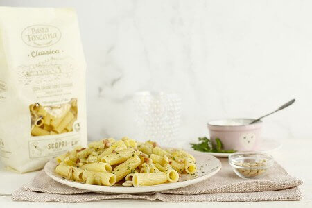 Tortiglioni with cardoon, pancetta and pine nuts