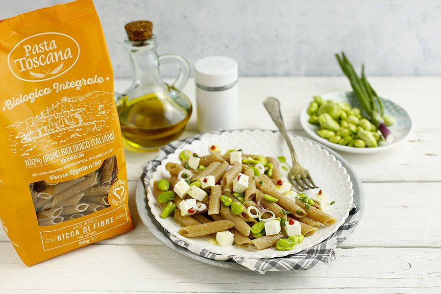 Penne rigate, fava bean and marinated feta cheese