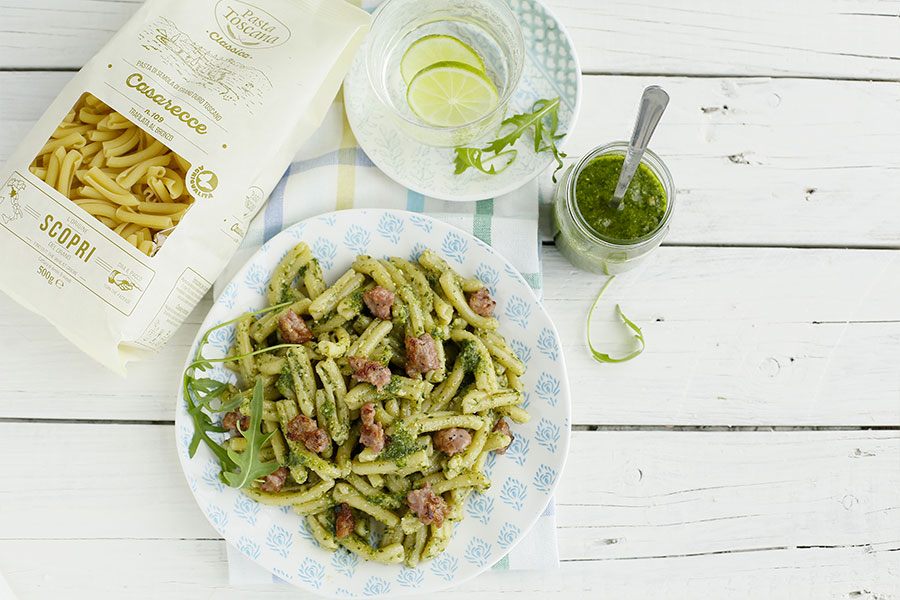 Casarecce with rocket salad pesto and Tuscan sausage