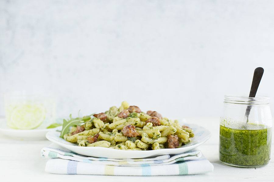 Casarecce with rocket salad pesto and Tuscan sausage