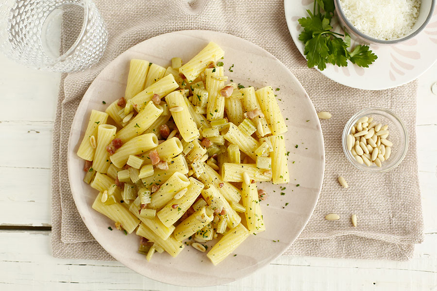 Tortiglioni with cardoon, pancetta and pine nuts